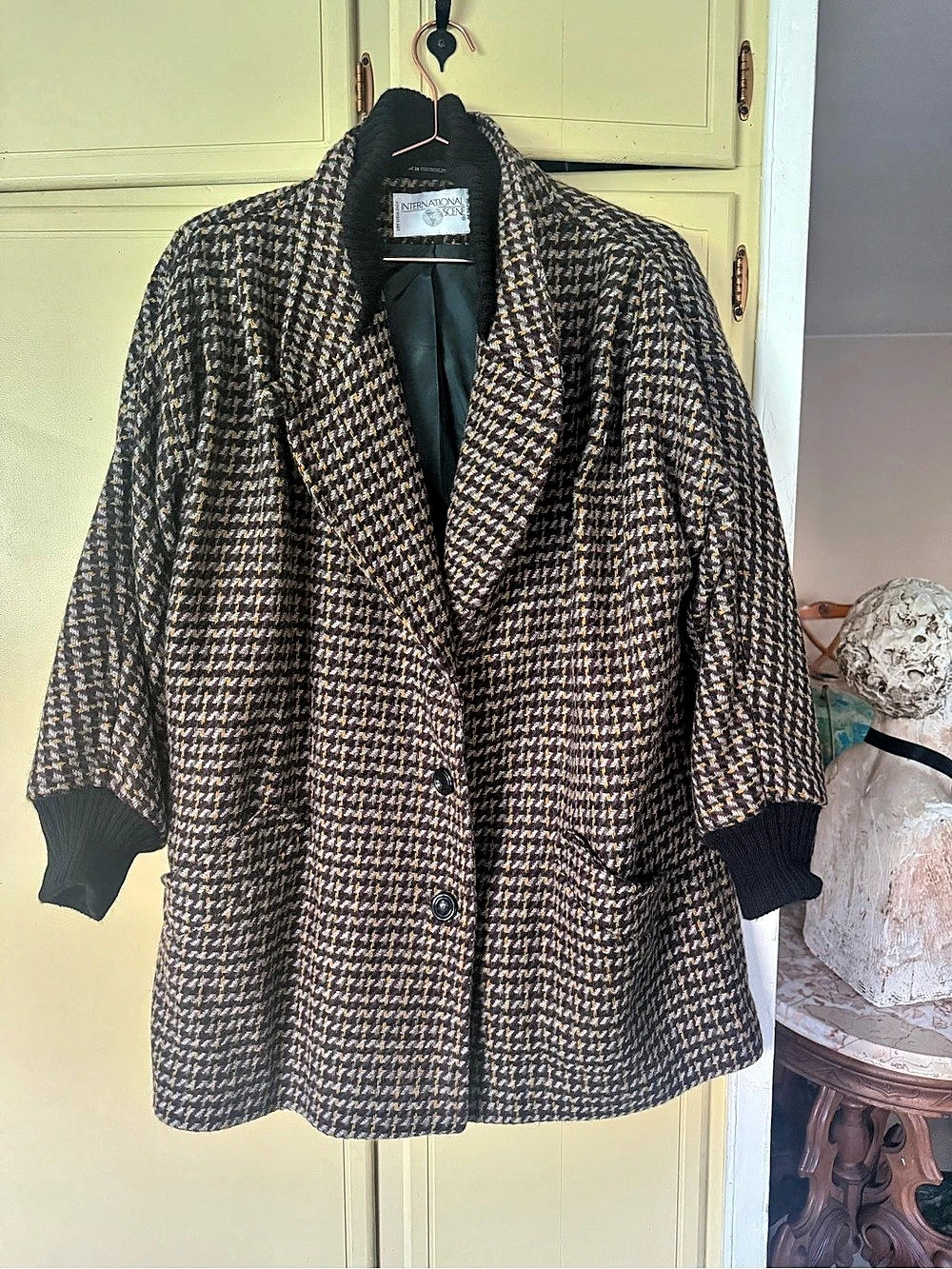 International Scene Houndstooth Wool Coat in Brown & Black